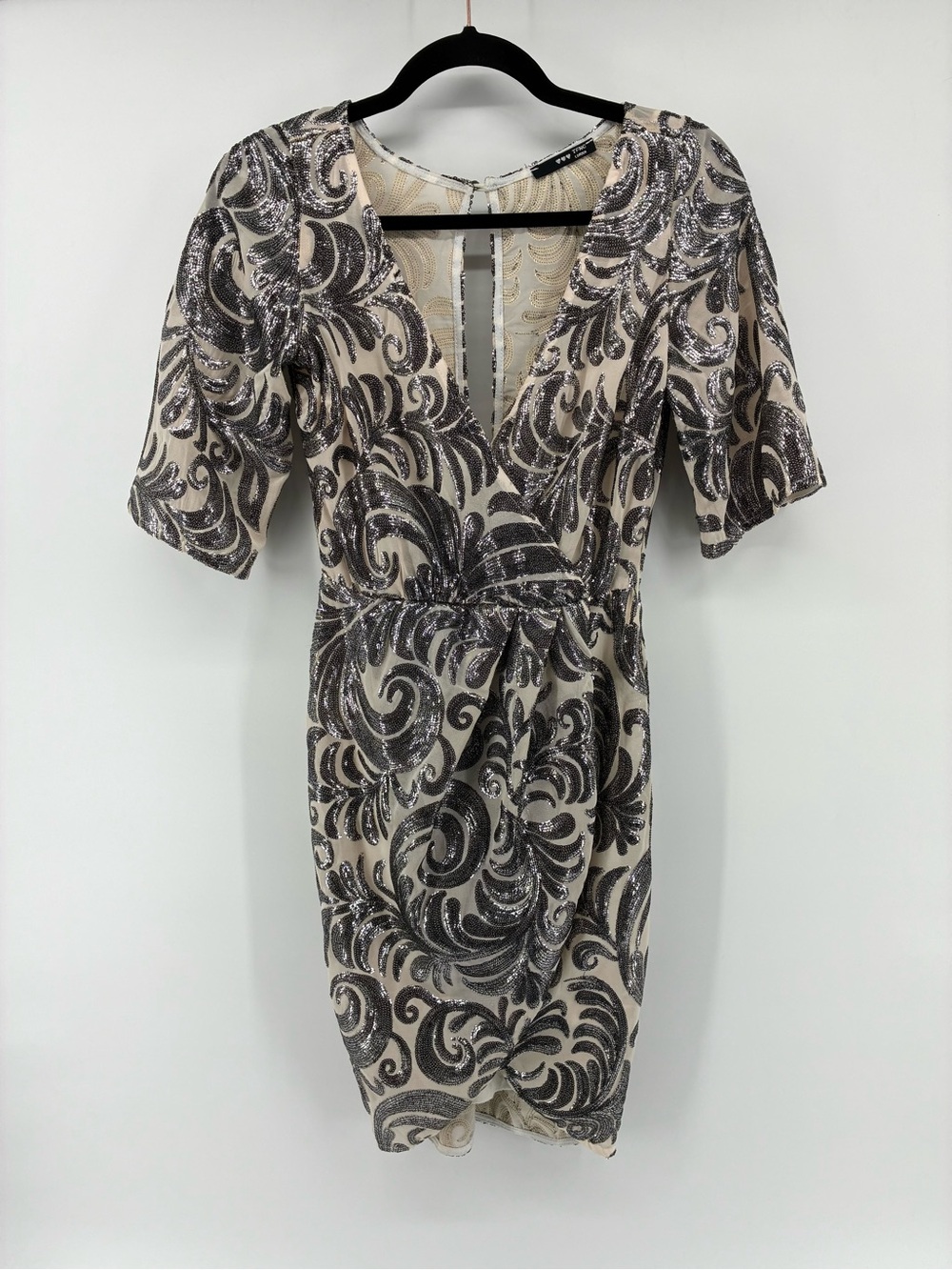 Elegant Silver & Cream Midi Dress Sequin Detailed